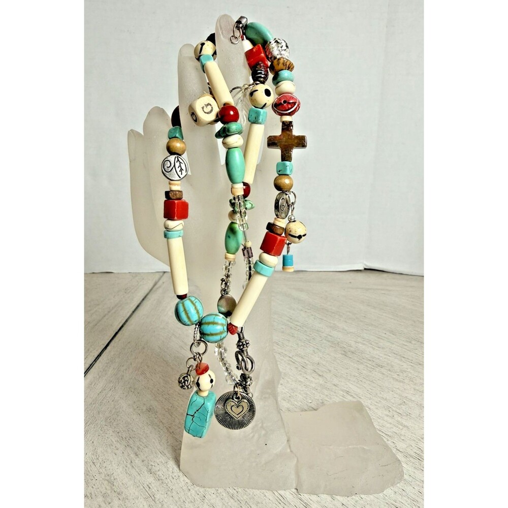 Boho Turquoise Beaded Wooden Cross Pendant Statement Necklace Charms Festival